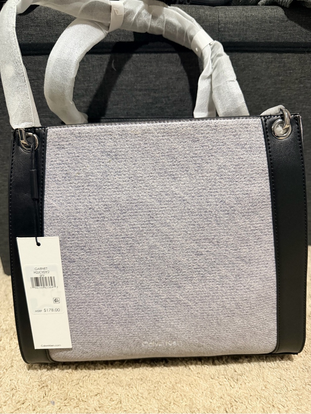 Calvin Klein Light Gray and Black Structured Shoulder Bag